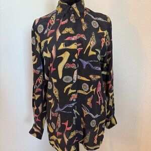 Tina Häagen 100% Silk Novelty Print Blouse Heels Butterfly Shirt Black Size S